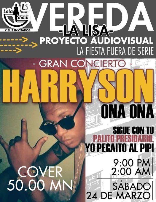Flyer promocional del concierto de Harryson en La Vereda.